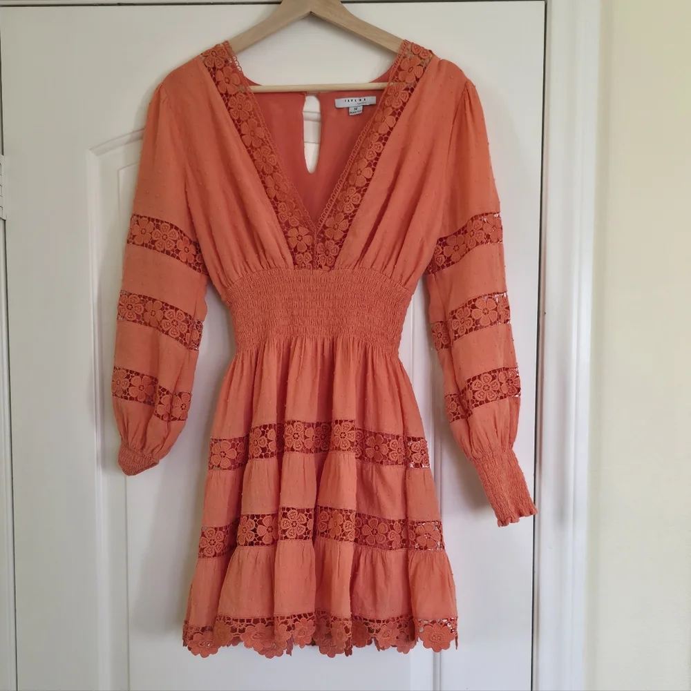 Organge Lace Cottagecore Mini Dress Long Sleeves Romantic Boho Prairie Smocked - Picture 2 of 10